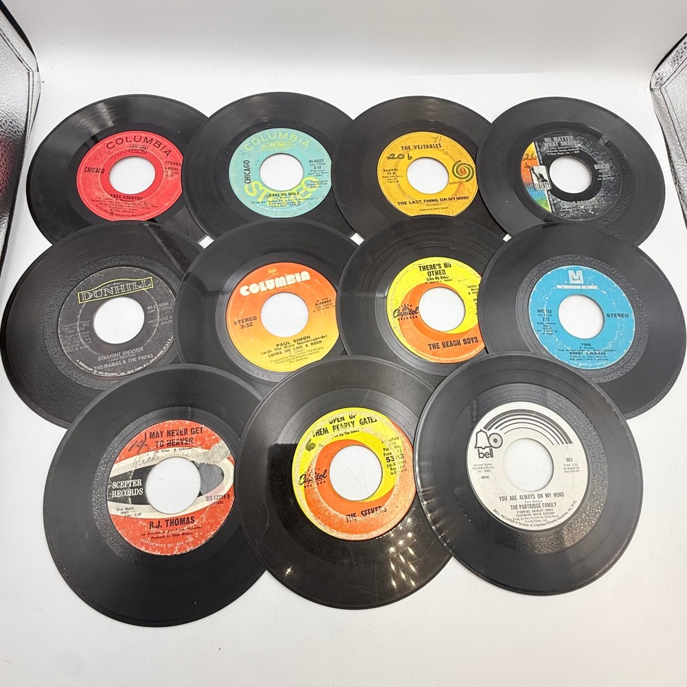 Vintage 45 RPM Vinyl Record Lot 11pc Beach Boys Chicago Paul Simon Mamas & Papas